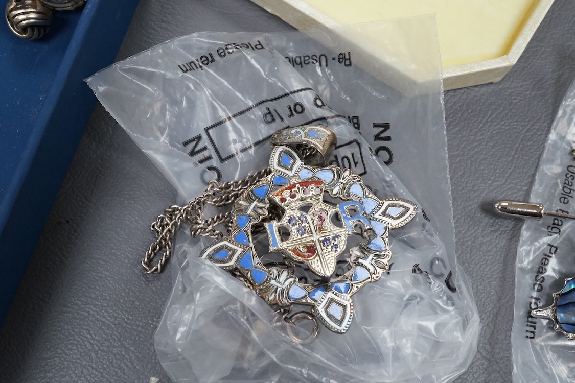A quantity of assorted costume and other jewellery, including filigree white metal bracelet, paste cluster set clip brooch, Scottish silver twin hearts brooch, etc., together with four assorted lady's wrist watches.